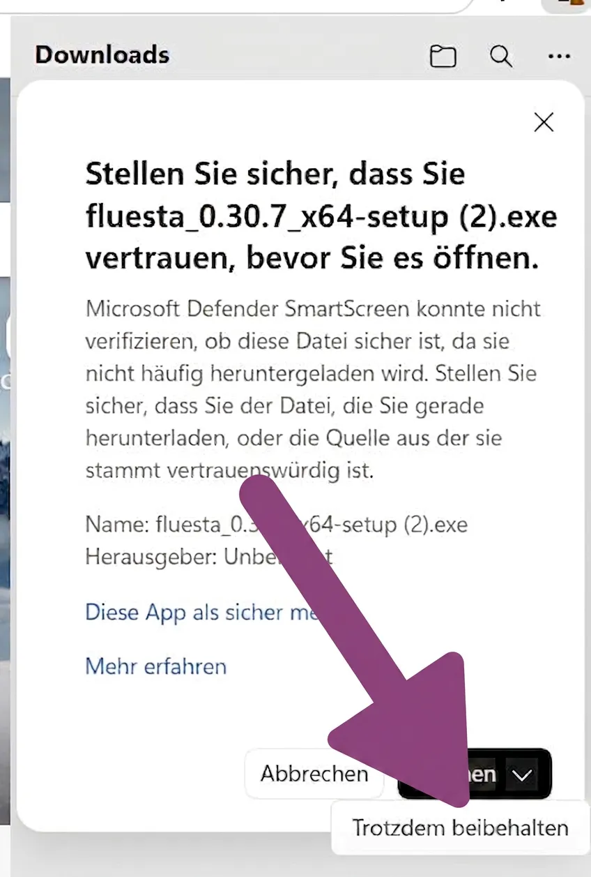 Edge-Fenster mit der Option Trotzdem beibehalten